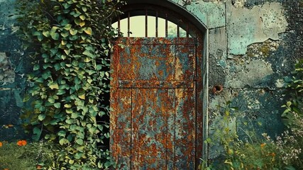 Rusty Doorway, Overgrown with Ivy and Flowers, in a Rustic Stone Wall. A forgotten place in nature, peaceful and mysterious.