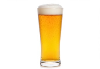 Refreshing lager beer in tall glass with foam head on white background