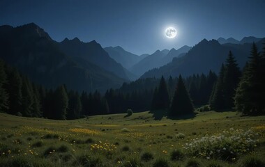 A full moon illuminating a grassy meadow and forest in the Carpathian countryside at night