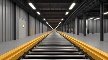 Fototapeta premium A modern warehouse interior featuring a long conveyor belt and illuminated metal structure, emphasizing industry and efficiency.