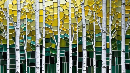 Birch leaf soft yellow green glass mosaic abstract design pattern artwork