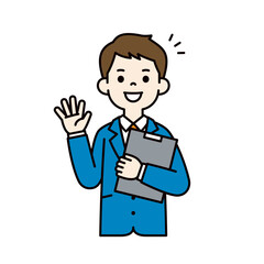 資料を片手に説明する、スーツを着た若い男性のベクターイラスト素材＿線幅の編集可能＿カラー