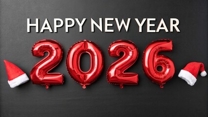 Happy New Year 2026 Lettering with Red Foil Balloons and Santa Hats on Black
