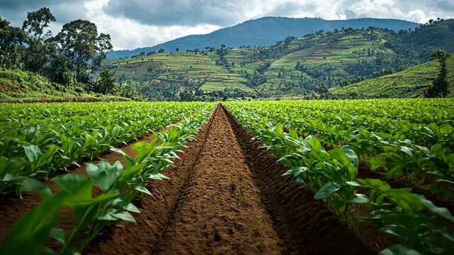 Aerial View of Beautiful Green Tea Plantation on the Hillside Scenery