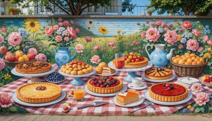 Fototapeta premium Vibrant Mural A Delightful Picnic Scene of Pies, Fruits, and Flowers