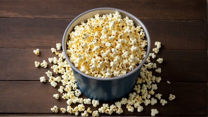 Delicious Homemade Popcorn Overflows from its Bowl on Rustic Wood Surface, Evoking Memories of Movie Nights and Cozy Evenings.