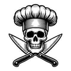 Skull chef with knife crossed sketch engraving black and white outline. Scratch board imitation.  illustrated in vintage line art style on a white background.