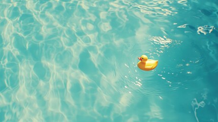 Beautiful, offbeat close-up of a rubber duck floating in glassy ocean, pastel-toned advertising photo