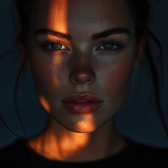 Close-up portrait of young woman with sunlit face