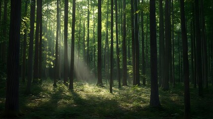 Obraz premium Lush Green Forest with Sunlight Streaming Through Tall Trees