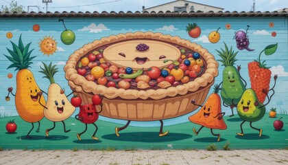 Obraz premium Whimsical Fruit Mural A Giant Pie and Dancing Produce Street Art