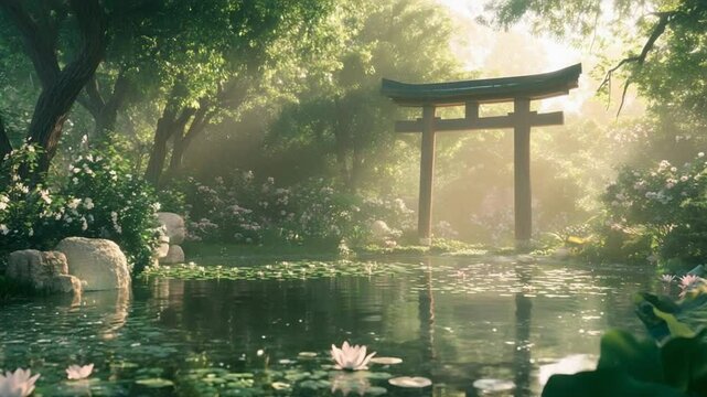 Serene Japanese Garden: Tranquil Pond, Lush Greenery, and Ancient Torii Gate at Sunrise