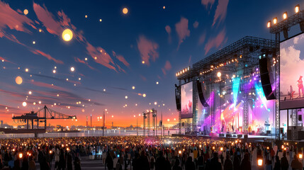 A nighttime rock festival with a dark blue sky, an ecstatic crowd