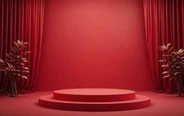 A red podium with a white background and space for product presentation