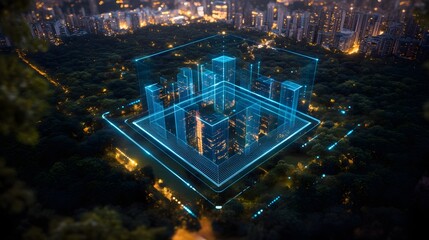 A futuristic cityscape featuring glowing square buildings surrounded by lush greenery, showcasing architectural innovation and technology in urban planning.