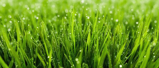 Obraz premium Green grass lawn field blades dew drops fresh growth nature spring summer closeup vibrant vivid lush