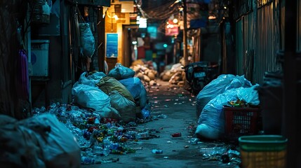 Night alleyway overflowing with trash; city background, depicting urban waste disposal