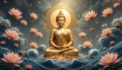 Serene Golden Buddha Amidst Lotus Flowers and Gentle Waves A Whimsical Digital Artwork