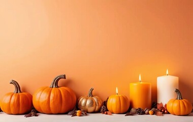 A mock-up of a greeting card with autumn decorations and pumpkins on a light orange background