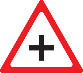 crossroad warning sign, red triangle traffic symbol indicating intersection or junction ahead on roadway