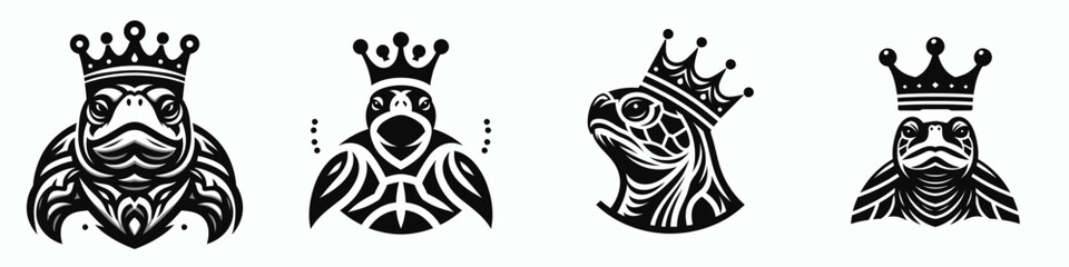Obraz premium Turtle head with crown. Silhouette logo animal mascot. Reptilian tortoise cranium adorned by regal diadem concept of royalty.