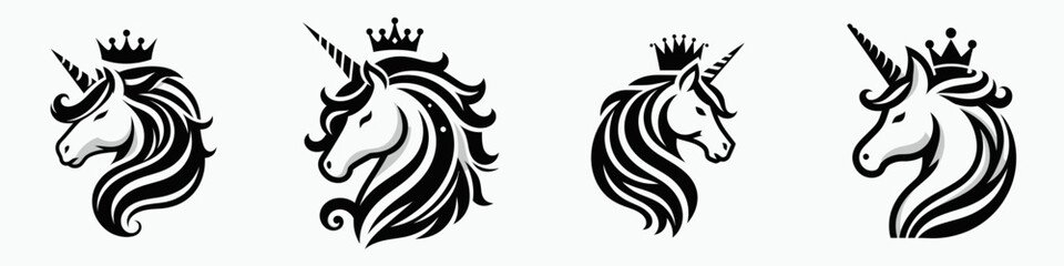 Naklejka premium Unicorn head with crown. Silhouette logo animal mascot. Majestic equine visage wearing regal diadem fairytale creature art horned horse.