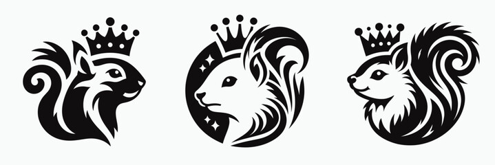 Squirrel head with crown. Silhouette logo animal mascot. Rodent cranium adorned royal circlet forest creature headpiece regal ornament.