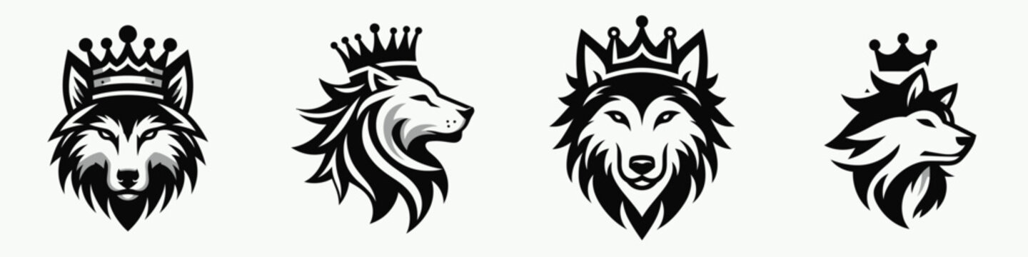 Wolf head with crown. Silhouette logo animal mascot. Canine leader adorned regal diadem king portraiture crest design.