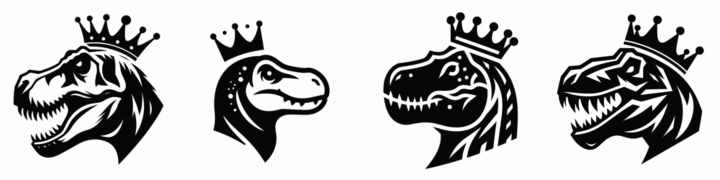 T rex head with crown. Silhouette logo animal mascot. Reptilian skull adorned regalia jurassic era king dinosaur cranium diadem.