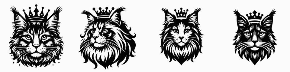 Maine Coon Cat head with crown. Silhouette logo animal mascot. Majestic feline visage bearing royal coronet regal longhair portrait illustration.