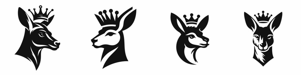 Obraz premium Kangaroo head with crown. Silhouette logo animal mascot. Marsupial face adornment diadem over roo visage regal wildlife portrait.