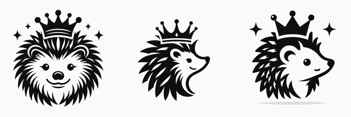 Obraz premium Hedgehog head with crown. Silhouette logo animal mascot. Royal spiny mammal portrait diadem regal creature adornment.