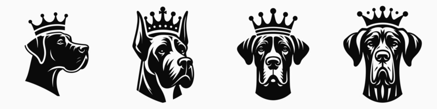 Great Dane Dog head with crown. Silhouette logo animal mascot. Regal canine portrait danish hound face wearing a diadem majestic theme.