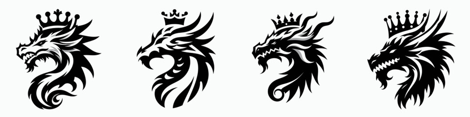 Fototapeta premium Dragon head with crown. Silhouette logo animal mascot. Regal serpent visage adorned by coronet a fantastical heraldic element.