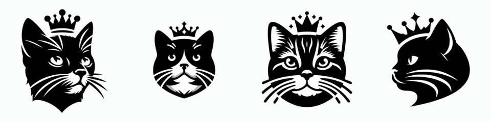Domestic Shorthair Cat head with crown. Silhouette logo animal mascot. Feline visage adorned royal diadem breed regal pet portraiture.