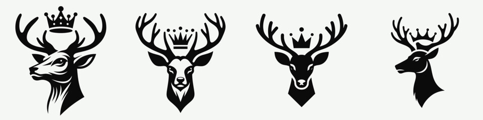 Obraz premium Deer head with crown. Silhouette logo animal mascot. Stag bust adorned royal diadem majestic mammal emblem hunting decor.