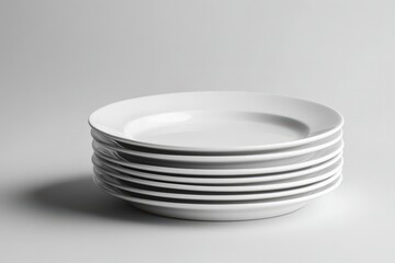 Stacked white plates arranged neatly on a plain surface in a minimalist setting, perfect for dining or display