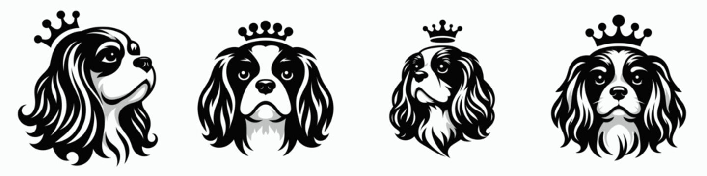 Cavalier King Charles Spaniel Dog head with crown. Silhouette logo animal mascot. Canine regal headpiece charming portrait coronet.