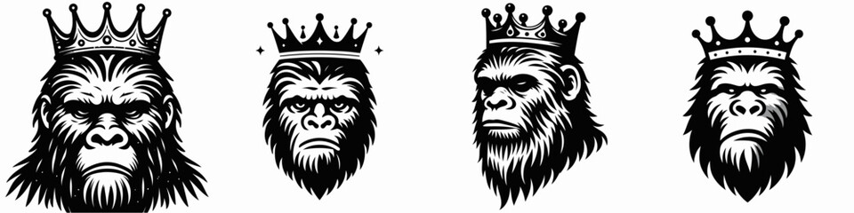 Fototapeta premium Bigfoot head with crown. Silhouette logo animal mascot. Mythical creature cranium adorned using regal headgear woodland giant concept.