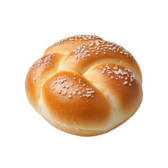 freshly baked. soft. round bread roll with a glossy golden-brown crust. topped with a sprinkle of coarse salt its braided design adds an appealing texture. making it ideal for serving as a side dish.