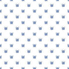 Seamless Pattern of Delicate Blue Butterfly and Floral Shapes on White Background