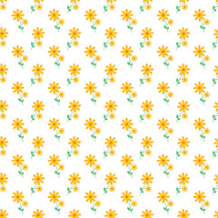 Bright Seamless Yellow Floral Pattern with Green Leaves on White Background