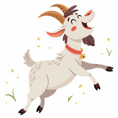 Create a bold, vector illustration of a joyful goat with exaggerated features, showcasing a wide, happy grin and prominent horns.  Include a subtle 