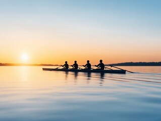 Silhouetted rowers glide across calm water at sunset, teamwork and peaceful waterscape