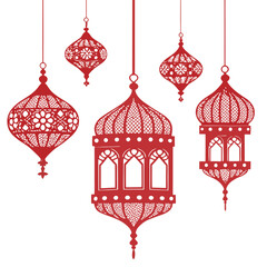 Create a bold vector illustration of hanging Arabic lanterns, emphasizing strong outlines and vibrant colors.  Include intricate details.