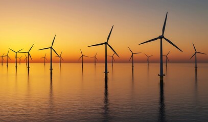 Offshore wind turbines standing on calm sea water during golden sunset, representing renewable energy solutions and environmental conservation efforts.
