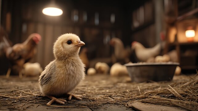 Un pollito en un gallinero oscuro con otros pollos y una l&aacute;mpara brillante.