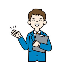 資料を持って説明する、スーツを着た若い男性のベクターイラスト素材＿線幅の編集可能＿カラー