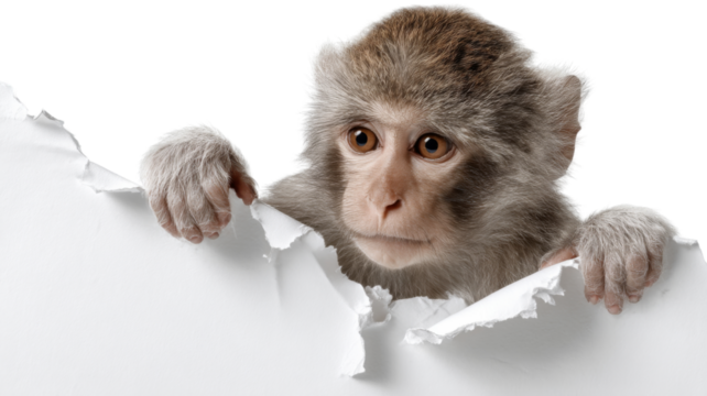 Curious baby monkey peeking through torn paper with transparent background