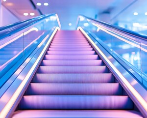 Ascending escalator bathed in vibrant purple and blue neon lighting, creating a futuristic atmosphere